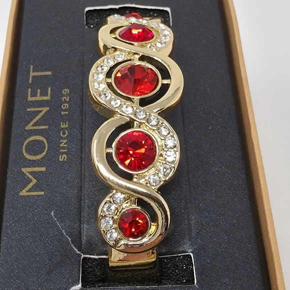 Monet Gold Tone Red Rhinestone Crystal Bangle Bracelet NIB - Picture 8 of 11